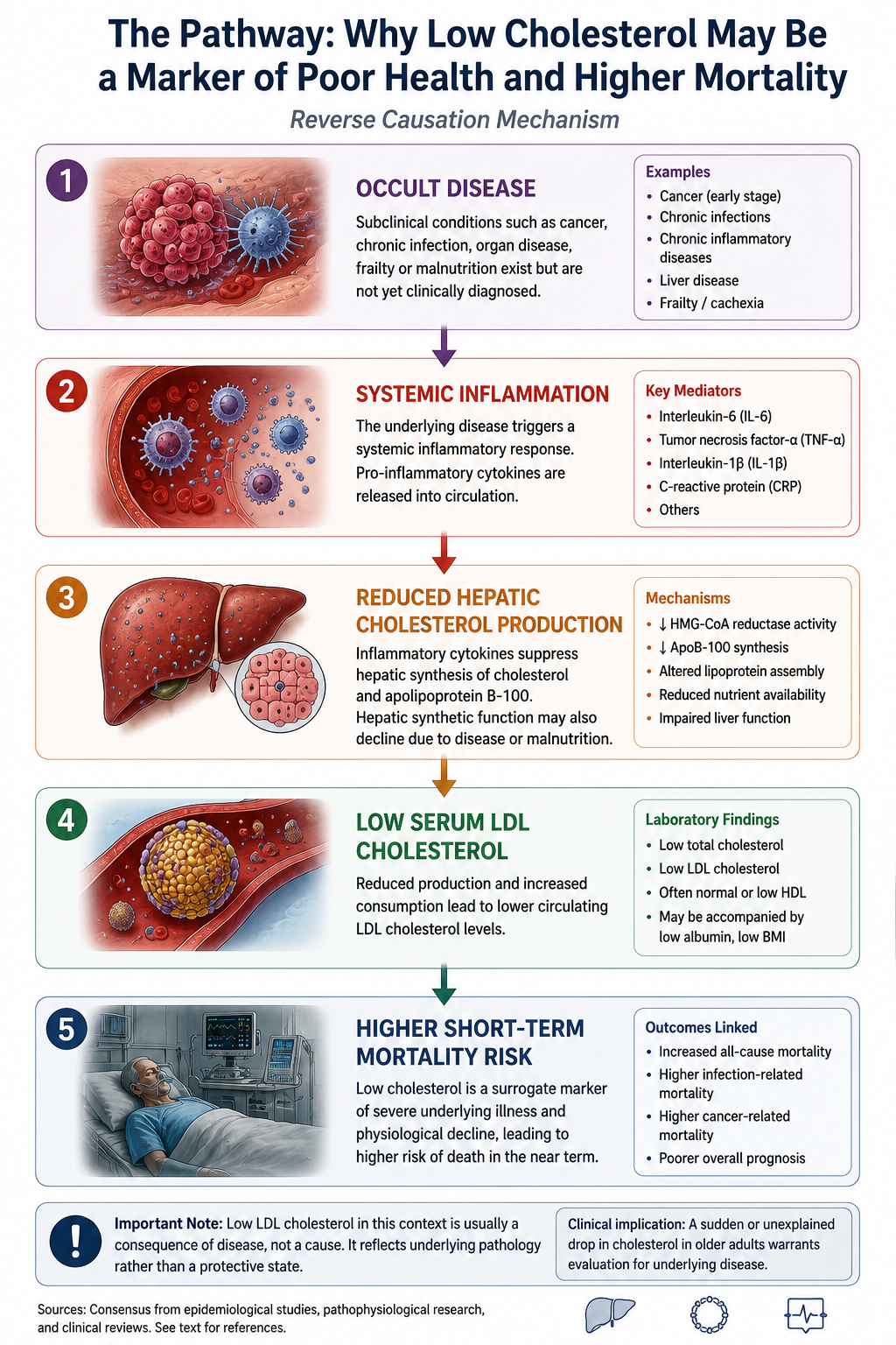 Key Conclusion
Elevated cholesterol is not inherently "heart-friendly" or protective against cardiovascular disease. While observational studies demonstrate that abnormally low cholesterol levels track with higher overall mortality, this is primarily driven by reverse causation—where subclinical illness, chronic inflammation, and frailty depress lipid levels prior to death.
Context Matters: In robust, healthy individuals, elevated LDL-C promotes the development of vascular plaque.
Biomarker of Frailty: In frail elderly patients or those with severe chronic illness, a rapid drop in total cholesterol should serve as a clinical warning sign of systemic decline or malnourishment rather than an indicator of ideal health.
Lipid Goals: Lipid-lowering interventions (statins, ezetimibe, PCSK9 inhibitors) reduce total and cardiovascular mortality proportionally to baseline risk and absolute LDL-C reduction.
