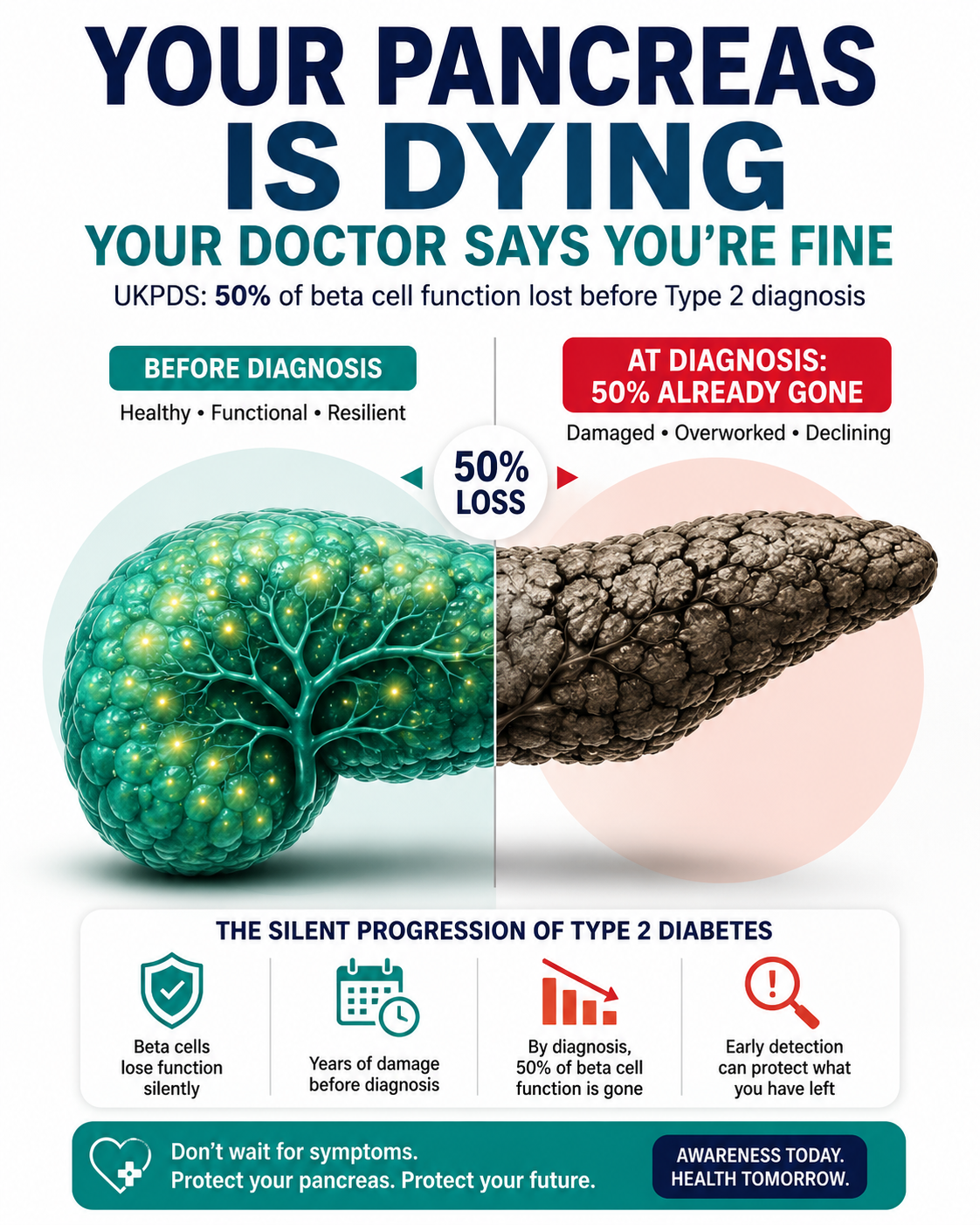 beta-cell function had already fallen to about 50% of normal by the time Type 2 diabetes was clinically diagnosed