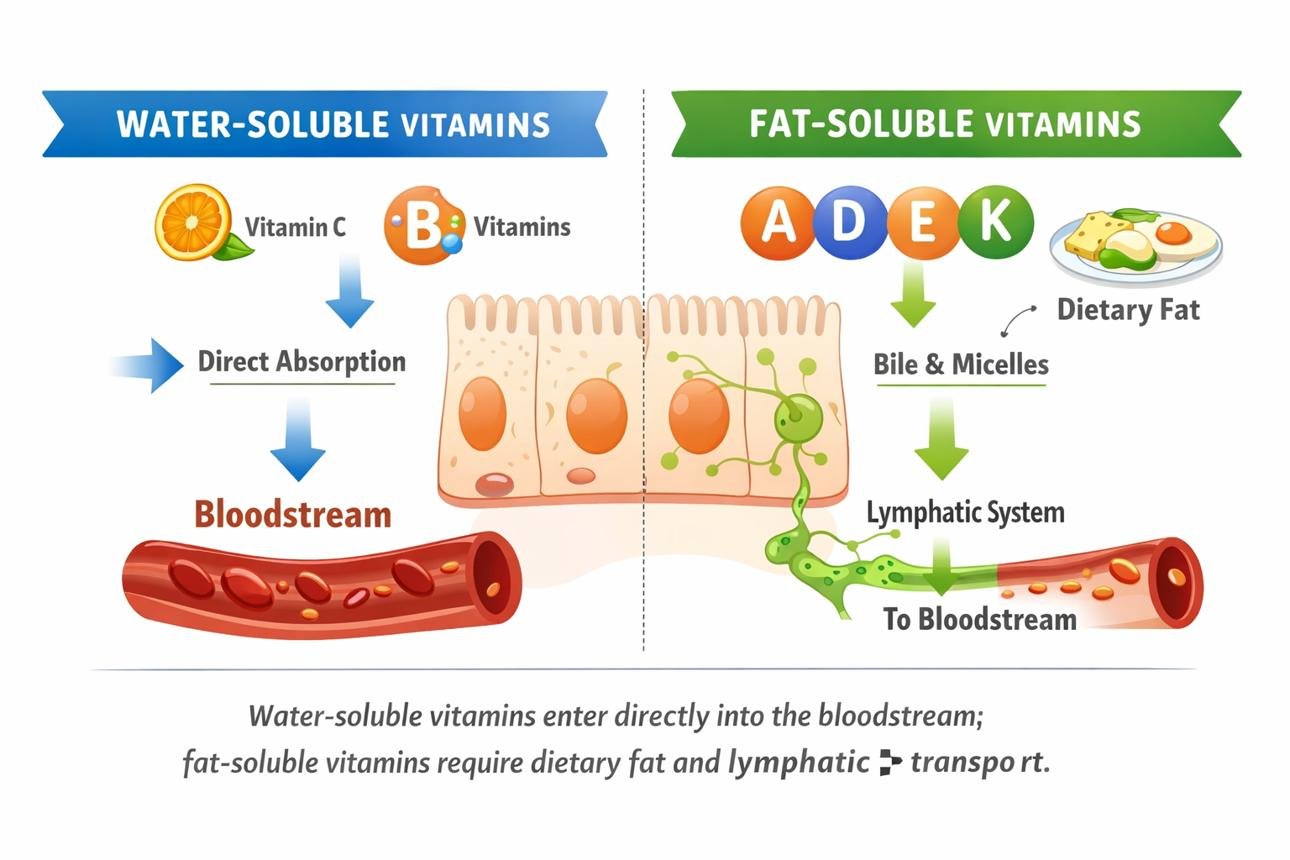 Different ways of absorption of Fat Soluble vs Water Soluble Vitamins